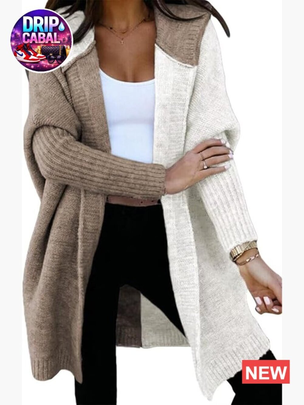 Women's Open Front Hooded Color Block Knit Cardigan Long Sleeve Fall Outwear